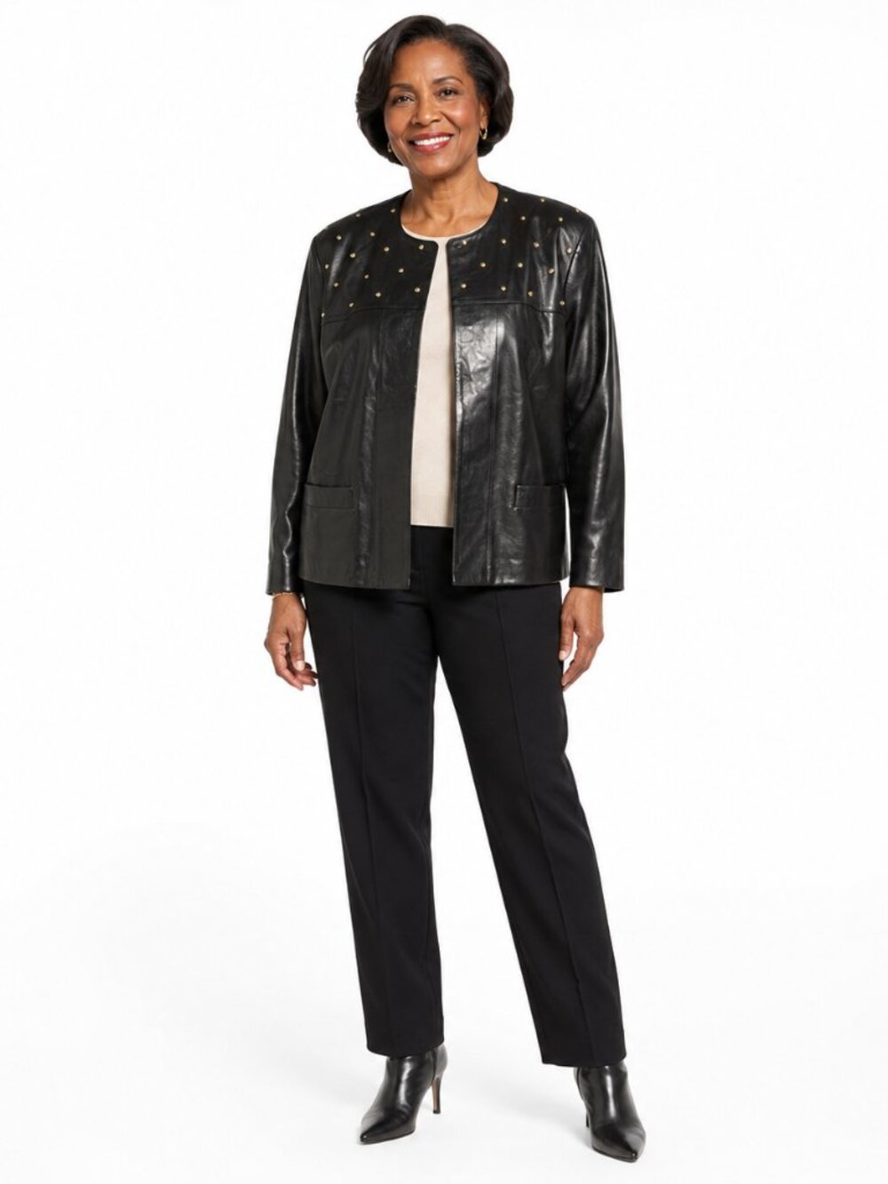 Preston & York Black Modern Leather Gold Studded Collarless Jacket Sz M